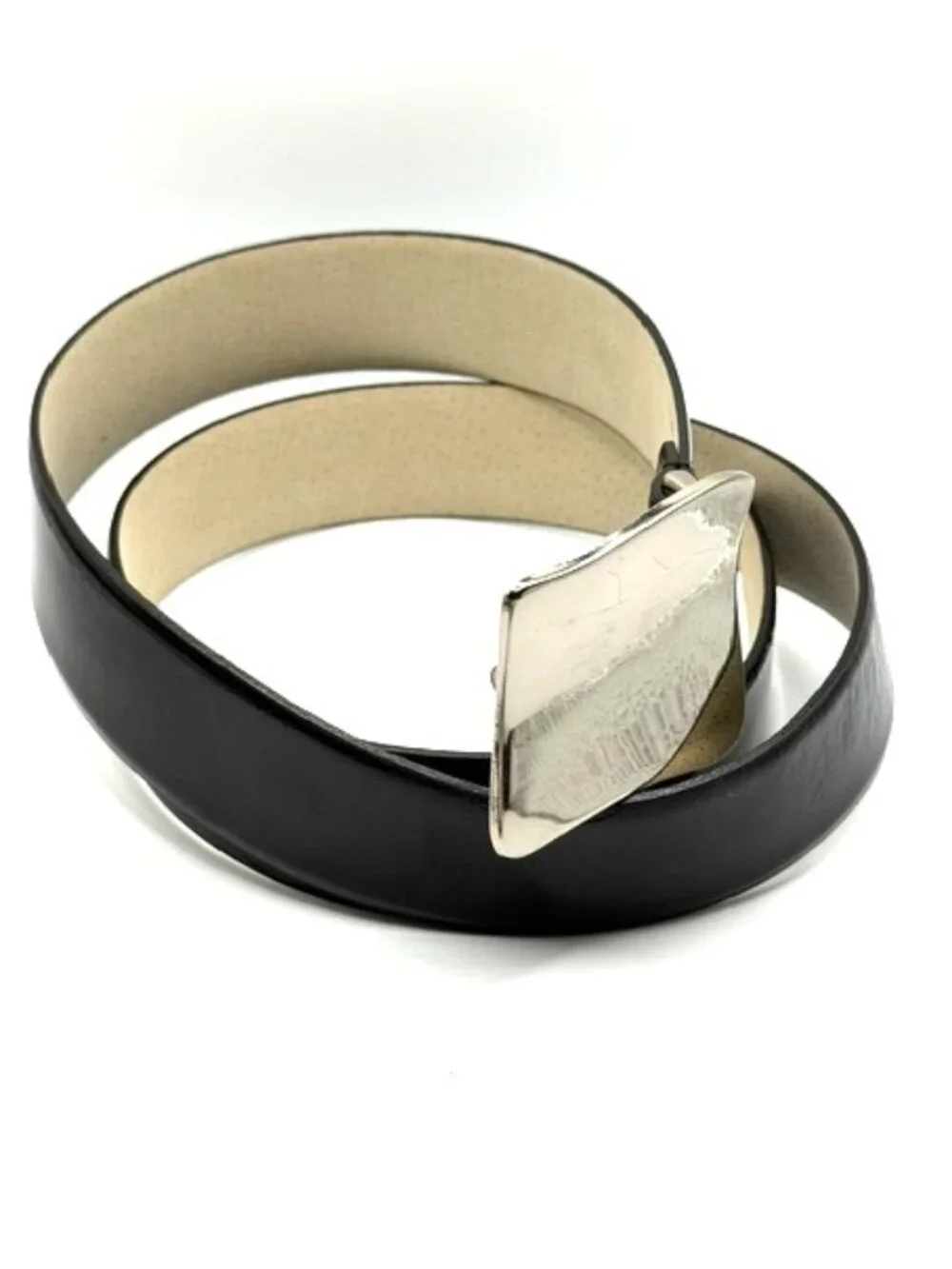 Calvin Klein Black Genuine Leather Belt Abstract Silver Buckle Medium
